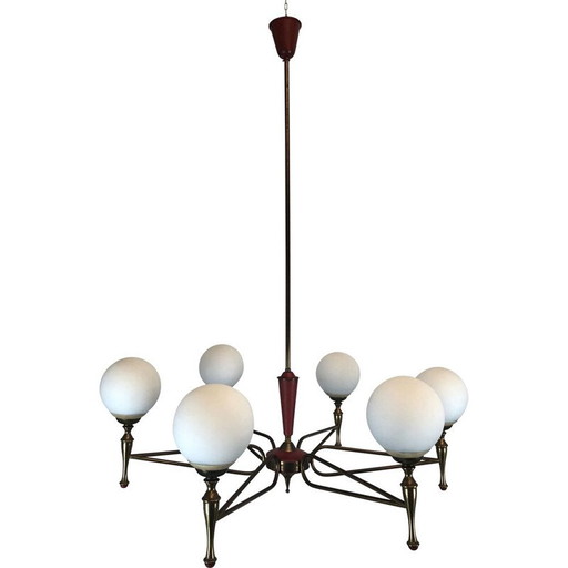 Lustre vintage en laiton et opaline par Stilnovo, Italie 1950