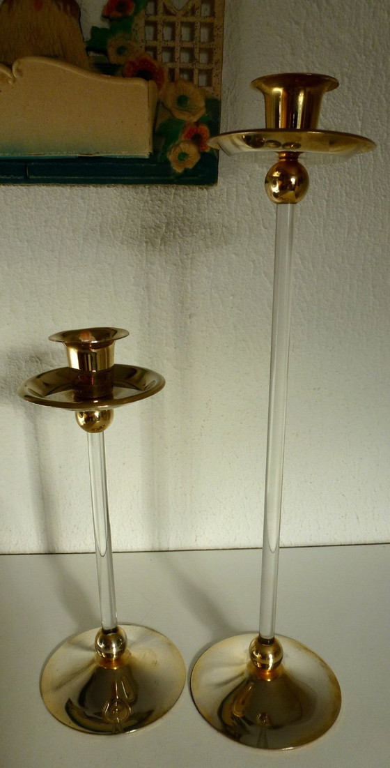 Image 1 of 2x Vintage Candlesticks lucite (plexiglass) with brass by or in the style of Estrid Maria Ericson.