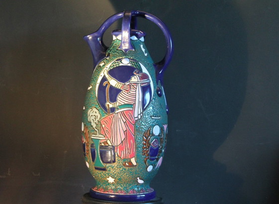 Image 1 of Czechsolovakian Art Deco Egyptian revival ceramic pitcher. 