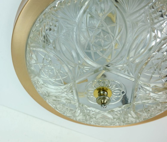 Image 1 of mid century ceiling LAMP flush mount textured glass and aluminum 1970s hollywood regency