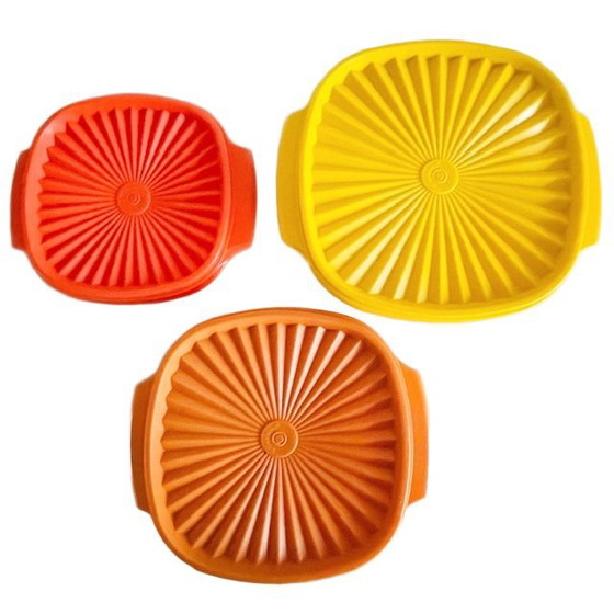 Image 1 of Vintage Tupperware vierkante kommen Servalier met Starburst deksel oogstkleuren 1970's