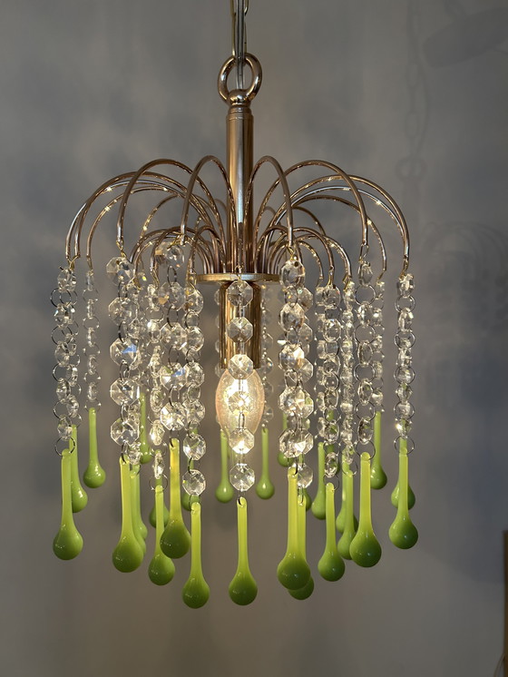 Image 1 of 5 Pieces Vintage Opaline Green Crystal Teardrop Chandeliers
