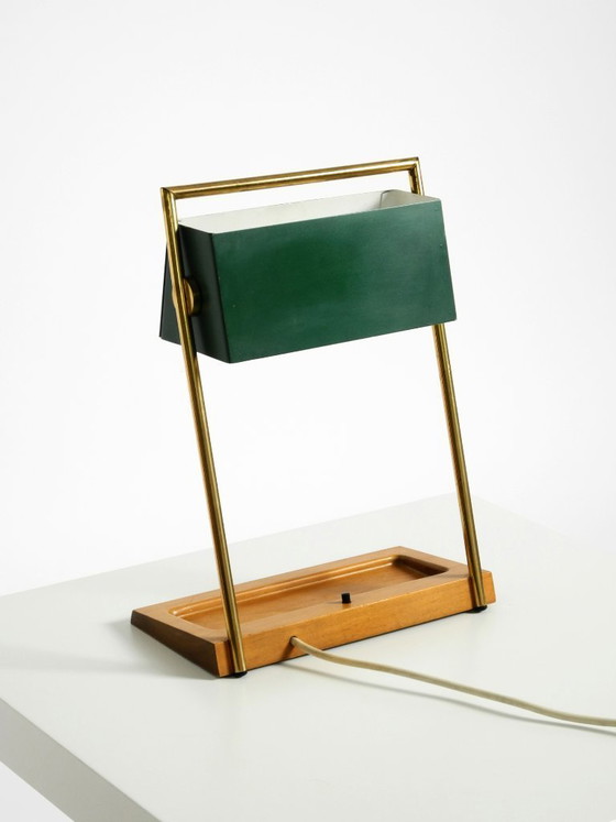 Image 1 of Original large 1960s Temde table lamp with a brass frame, teak base, and green lampshade