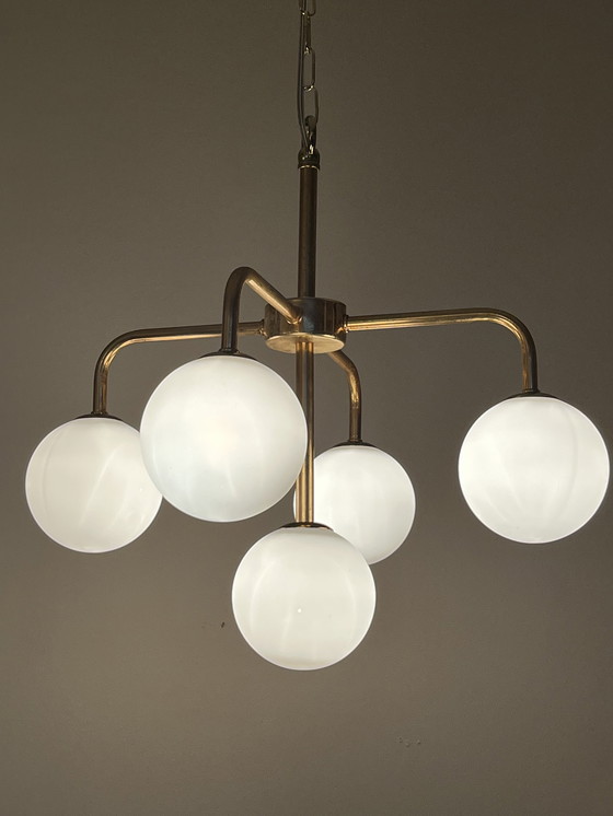 Image 1 of Vintage Spherical Pendant Lamp Gold Frame Milk Glass