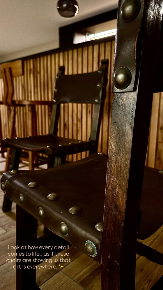 Set van 4 vintage Spaanse stoelen – jaren 60/70 – Eetkamerstoelen, Wood, Leather (photo 6 of 8)