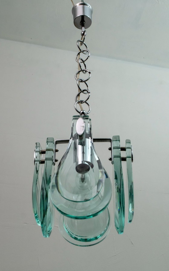 Image 1 of Suspension italienne moderne du milieu du siècle en chrome et verre épais par Veca, années 1960