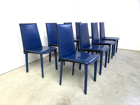 Blue Leather Dining Chairs by Fasem, 1980s - Set of 8 (photo 8 of 13)
