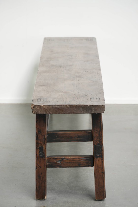 Image 1 of Antica panca/tavolo da pranzo spagnola in legno del XVIII secolo con una splendida patina.