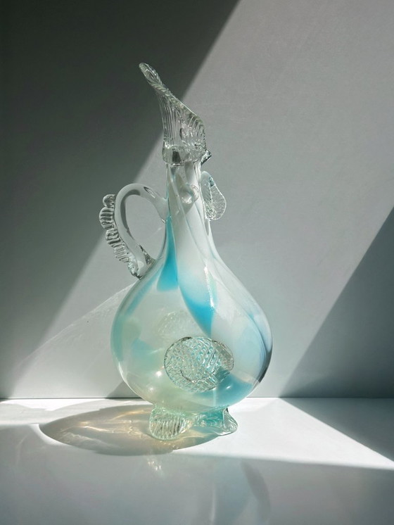 Image 1 of Vintage Murano Vase Fleurs Fait à la main Coq Poule Bleu 70s Mid Century Italie Soufflé à la bouche