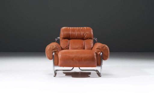 Fauteuil lounge Tucroma en cuir cognac, signé Guido Faleschini pour i4 Mariani