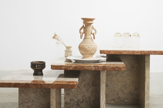 Image 1 of  Vintage Marble Nesting Tables Set of 3, Square Side Tables, Postmodern Solid Fossil Marble Stone Coffee Tables, Modern Accent F