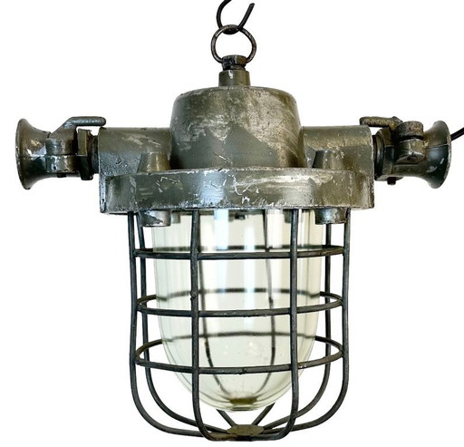 Industrial Cast Aluminium Cage Pendant Light, 1960s