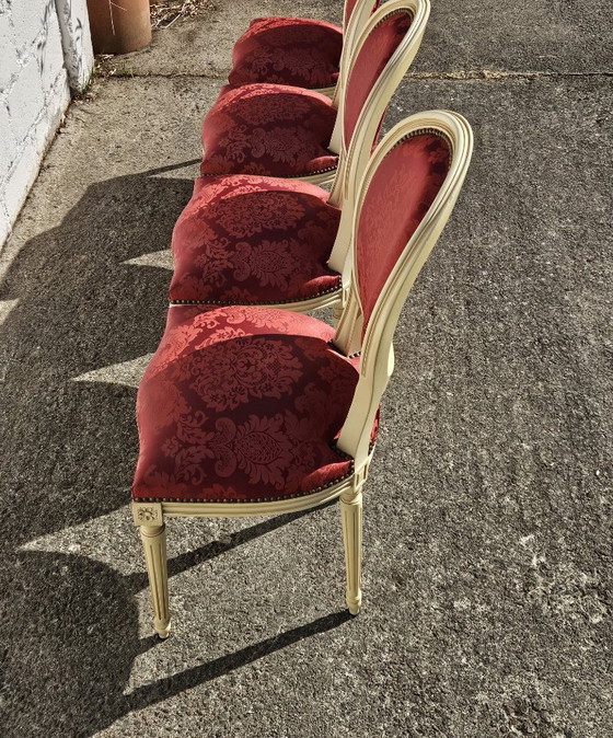 Image 1 of Set van 4 antieke Franse damaststoelen met medaillonmotief - gestoffeerde Louis XVI-stoelen - jaren 1900