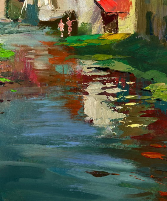 Original Oil Painting Rural Landscape Village Stream – Paintings & Drawings, Mdf (photo 8 of 10)