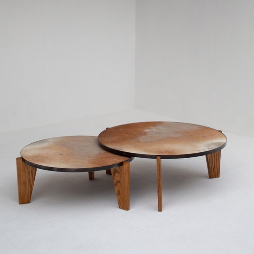 Set of Cowhide Coffee Tables with Wood Base