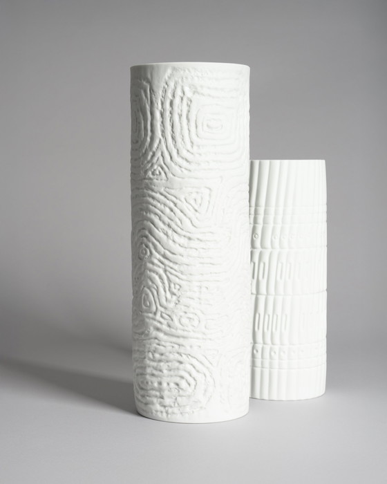 Image 1 of M. Freyer & W. Schreib Rosenthal Bisque Porcelain Vase Duo Op Art Relief 70s XL & L