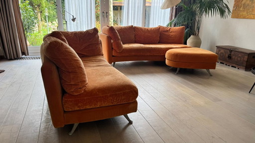 Rolf Benz orange sofas / sofa set with pouf / ottoman - Modern, organic & timeless