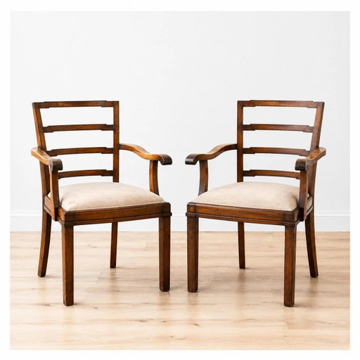 Mid Century Armchair Set, 2x Walnut Vintage Armchairs 1940s | Upholstered Wooden Chairs B&F Manufactory