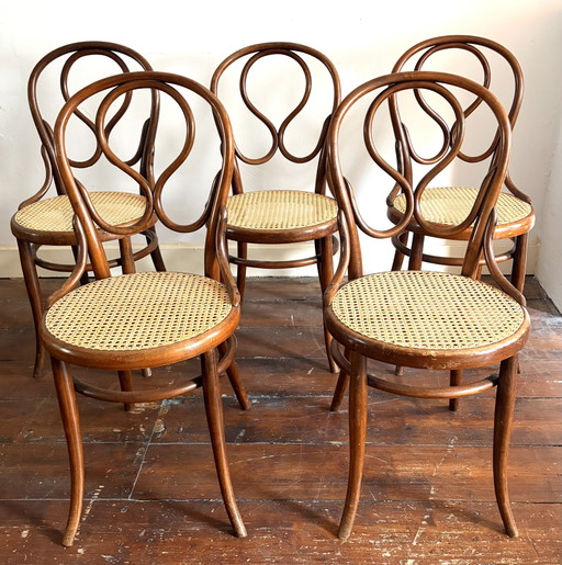 Seltene antike Thonet „Omega“ Modell 20, 5x Esszimmerstuhl aus Bugholz und Gurtband