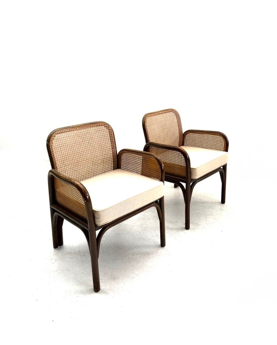 Set di 2 poltrone vintage in manou e tessitura, anni '60, Legno, Vimini, Marrone (foto 3 di 8)