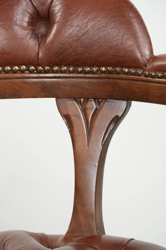 Image 1 of 2 x Swivel English Style Cowhide Leather Chesterfield Office Chairs in a Beautiful Brown Color