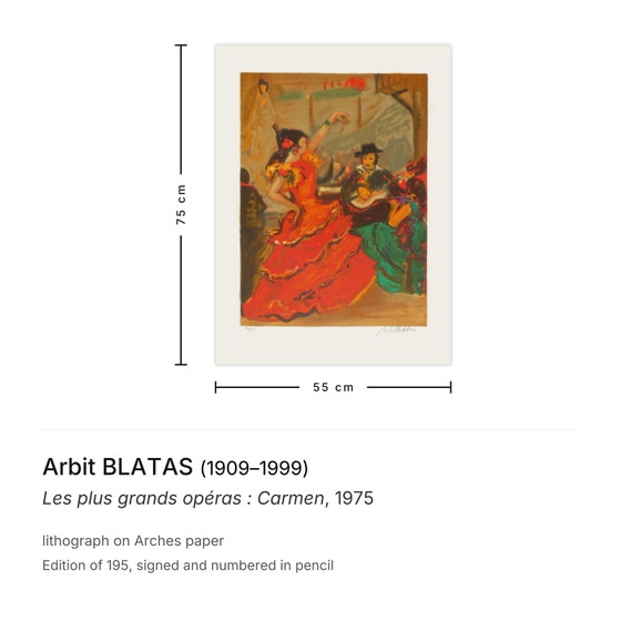 Arbit Blatas signierte Lithographie Les Plus Grands Opéras: Carmen 1975 – Lithographien & Drucke, Paper (photo 3 of 5)