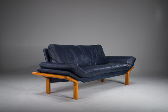 Image 1 of  Danish Teak and Navy Blue Leather 3-Seater Sofa from Komfort, 1970s