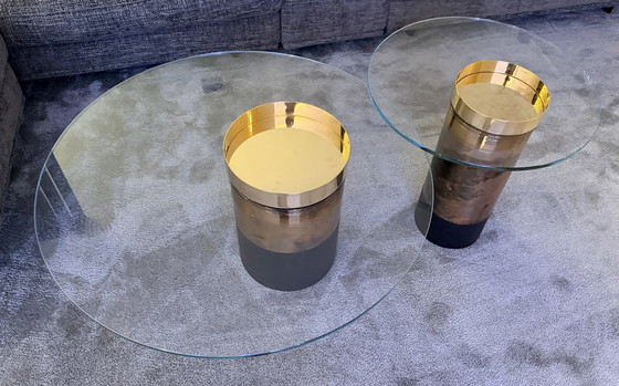 Image 1 of Vintage design salontafels set – glazen blad & bronze kolom – high end