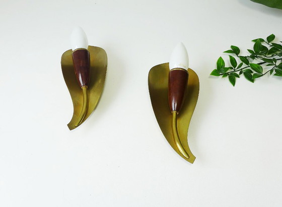 Coppia di Applique 'Foglia' anni '50 '60 Kaiser-Leuchten Ottone Bachelite (photo 3 of 9)
