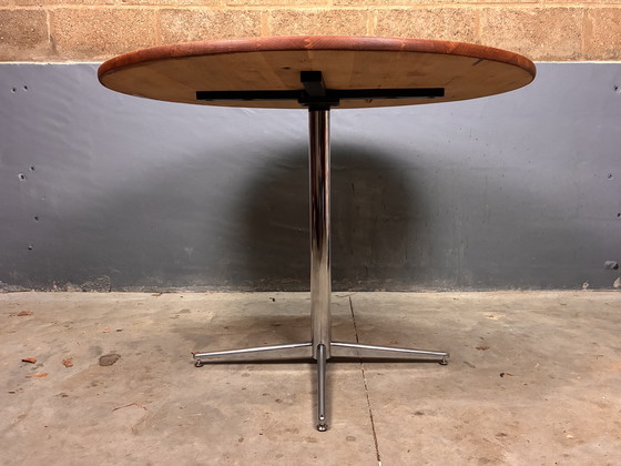 Image 1 of Round oak dining table with chrome base, vintage
