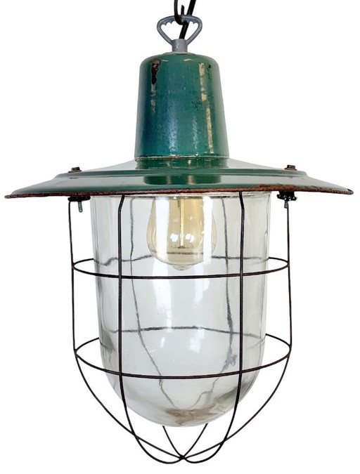Industrial Green Enamel Cage Pendant Light, 1960s