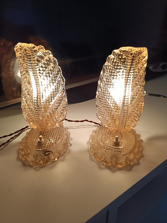 Image 1 of Seltenes Paar „Foglia“-Tischlampen von Barovier & Toso – Muranoglas – Rosa, 1960er Jahre