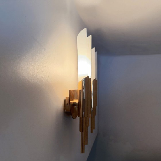 Image 1 of 2x design wandlamp Herbert Schmidt - messing, melkglas