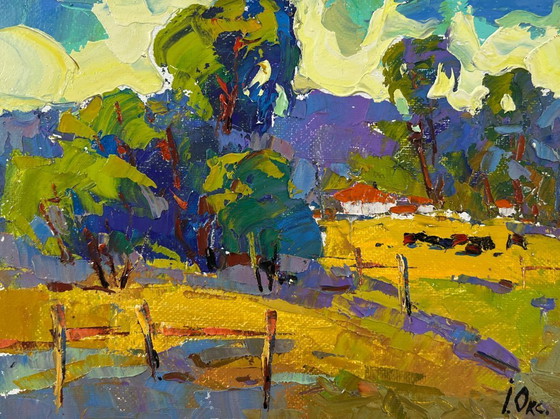 Image 1 of Original Oil Painting Evening Village Landscape When it gets dark