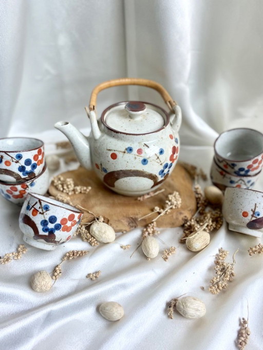 Vintage Japanese tea set – teapot and 6 cups – handpainted ceramic Kutani-style, rattan handle, mid-century tableware