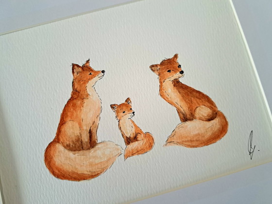 Aquarellgemälde Fuchsfamilie mit drei Jungen | Mit Rahmen – Gemälde & Zeichnungen, Papier (photo 2 of 6)