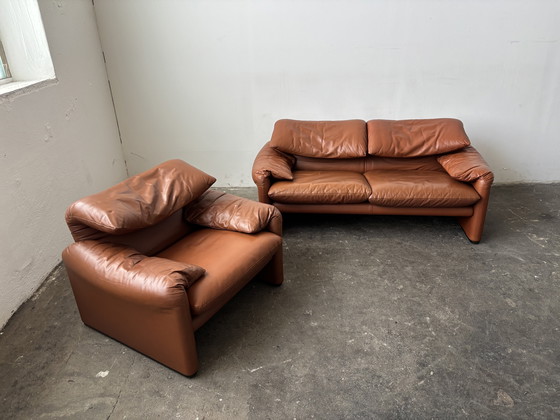 Image 1 of Cassina Maralunga Set Sofa Armchair Cognac Leather Vintage