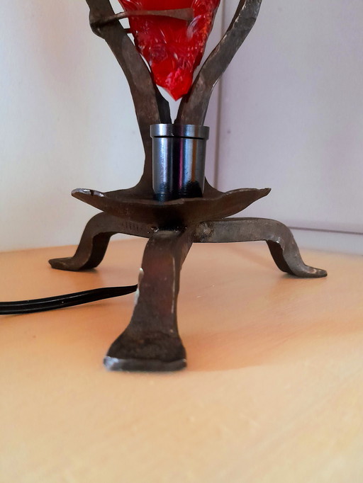 Brutalist lamp in glass and wrought iron 1950
