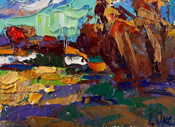 Image 1 of Original Oil Painting Autumn Village Landscape Peace of the sky over the quiet earth