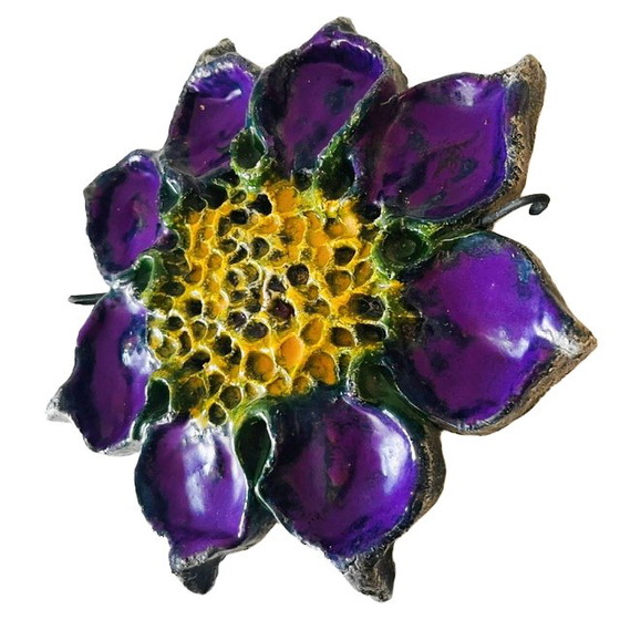 Image 1 of Vintage ceramic wall plate lilac sunflower Fat lava Jan van Erp 1960s