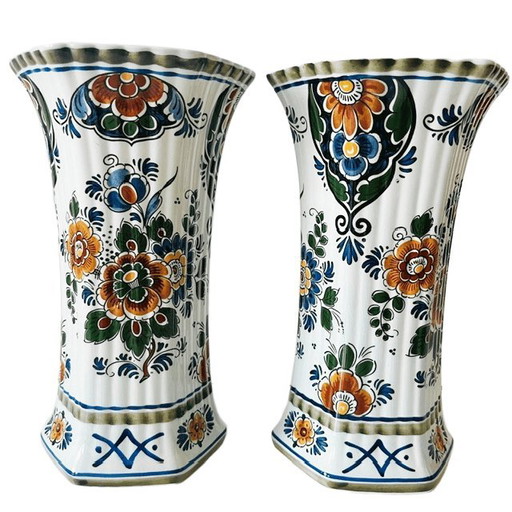 Vintage set of Delft Polychrome Dutch Handmade vases with floral motif, 1960s
