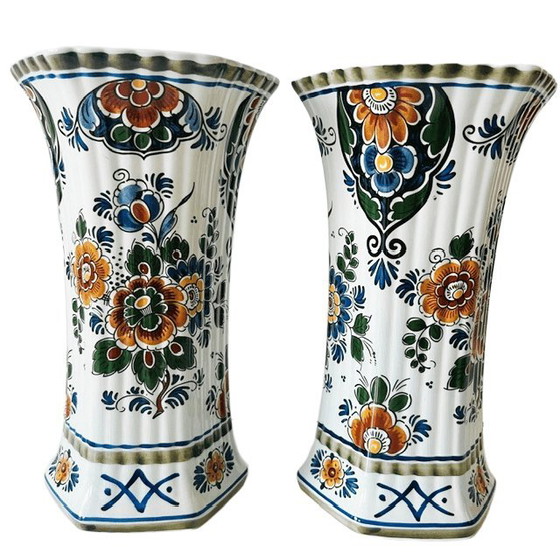 Image 1 of Vintage set of Delft Polychrome Dutch Handmade vases with floral motif, 1960s
