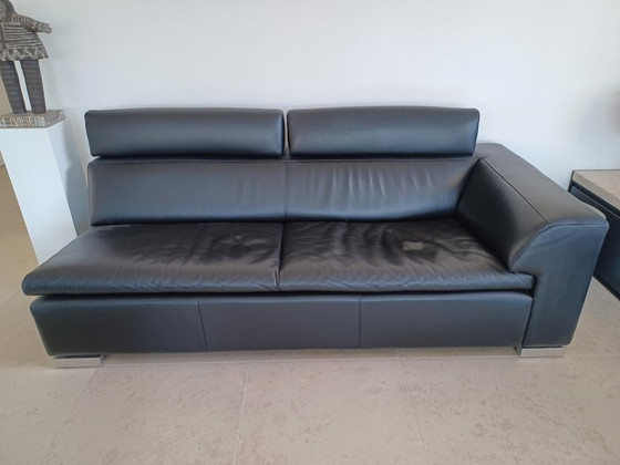 Image 1 of Leolux sofa set, model Howlazy, in black aniline leather and polished aluminum legs.