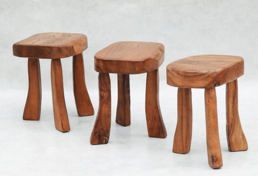 Tabourets tripodes en orme français C1970 France