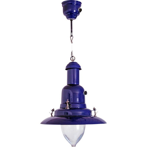 Vintage industriële hanglamp van blauw geëmailleerd canvas