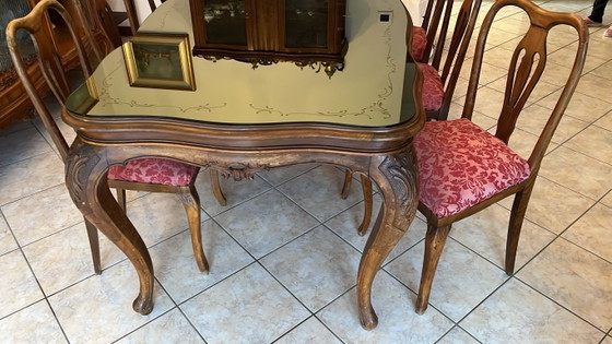 Table + 6 Walnut Chairs - Venetian Barocchetto Style - 1950s, Dining tables, Wood, Glass, Brown, Vintage (photo 3 of 5)