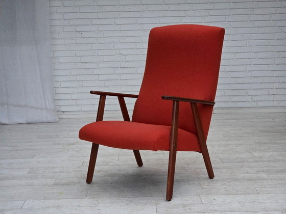 Image 1 of Anni '70, poltrona danese con schienale alto, mobili in lana arancione, legno di teak, legno di quercia.