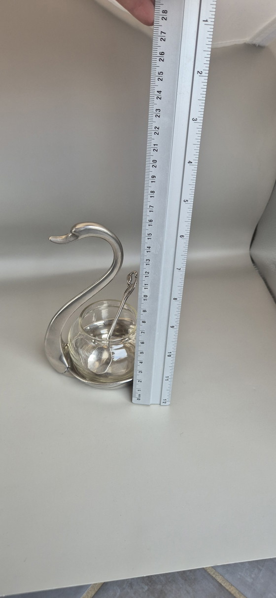 Image 1 of Vintage Swan-Shaped Jam or Sugar Bowl – Silver Metal & Glass – With Spoon