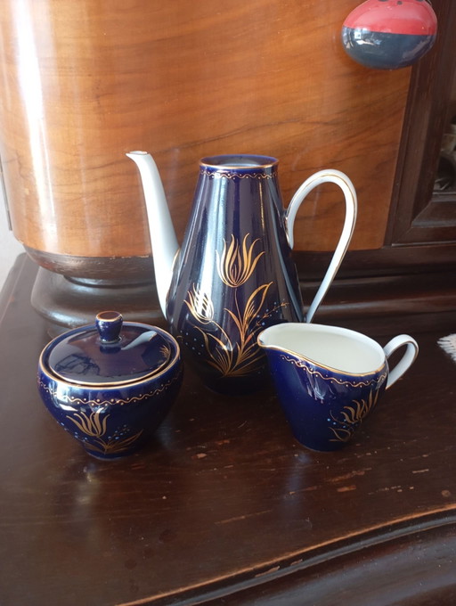 Vintage Kaffeeset Kobaltblau & Gold – Atelierkunst SMM handgemalt (3-teilig)