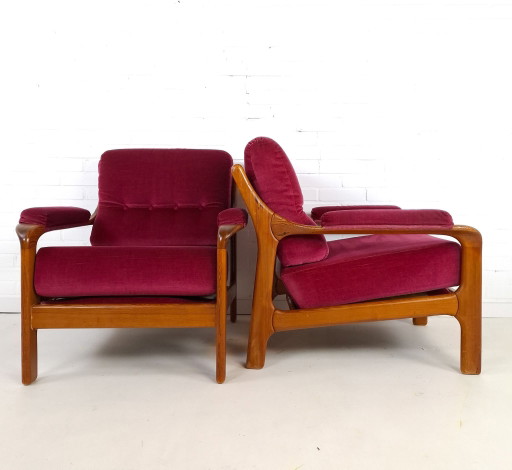 2x vintage Armchairs Danish design 70s wood pink velvet